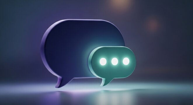 Two stylized chat bubbles, one overlapping, glowing dots on dark background