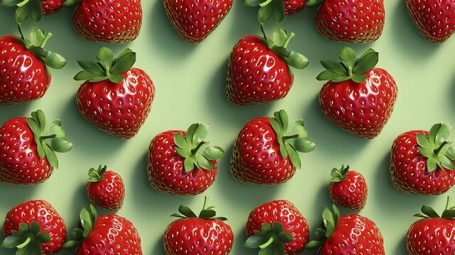 Seamless loop of ripe strawberries on a green background in isometric and realistic style.