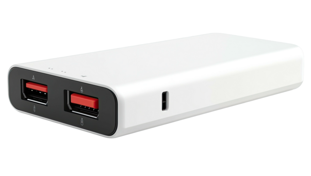 White rectangular power bank with two USB-A ports and a USB-C port
