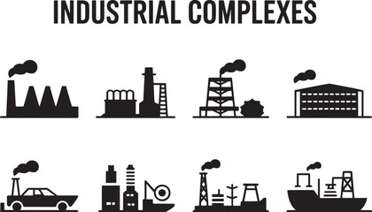 Illustrations of Various Industrial Complexes and Manufacturing Facilities Emitting Smoke From Smokestacks Representing Pollution and Industry