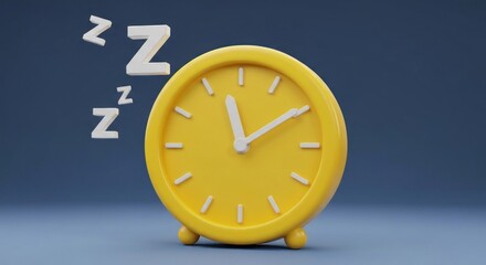 Yellow cartoon alarm clock with "Z" sleep symbols on blue background