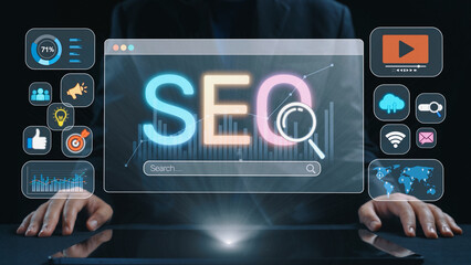 SEO concept for improving SEO visibility, with SEO related digital tools and SEO performance icons...