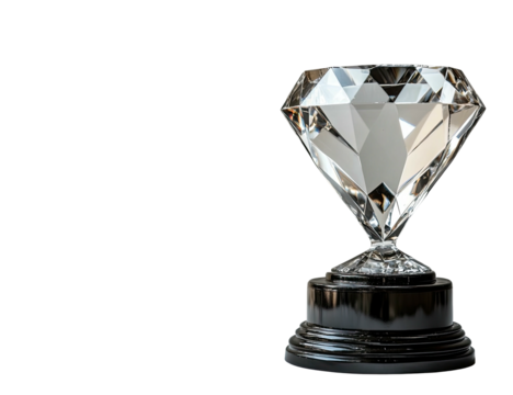 Faceted crystal diamond trophy on black base, shiny and clear