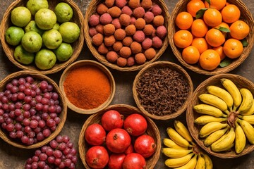 Assorted Fresh Fruits and Spices in Wooden Bowls