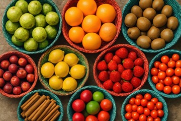 Colorful Fruits in Woven Baskets from Top View