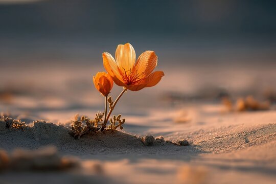 Una flor silvestre anaranjada florece desafiante en medio de un paisaje des&eacute;rtico, simbolizando la esperanza y la perseverancia.
