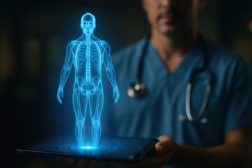 Doctor Displaying Holographic Human Anatomy on Tablet