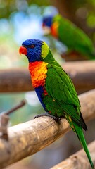Vibrant close-up of a colorful parrot perched on a wooden branch