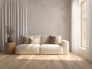 Fototapeta premium A white couch is in a room with a window