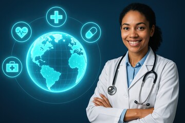 Confident Female Doctor with Global Medical Network Icons