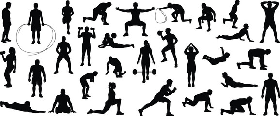 Silhouette of people doing fitness exercises, gym workout, strength training, yoga, stretching, sports activity, healthy lifestyle concept illustration