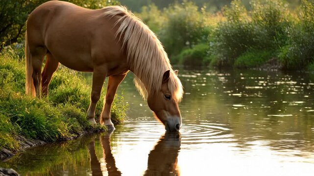 Palomino Horse Drinks From a Lake in Summer Sun