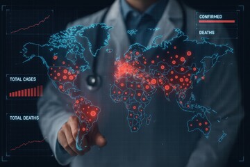 Doctor Interacting with Global Pandemic Data Map on Screen