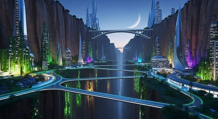 Luminous Futuristic Metropolis in a Canyon Oasis with a Cascading Waterfall Under a Crescent Moon.