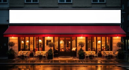 Exterior view of a restaurant with a red awning, illuminated at night, showcasing tables.