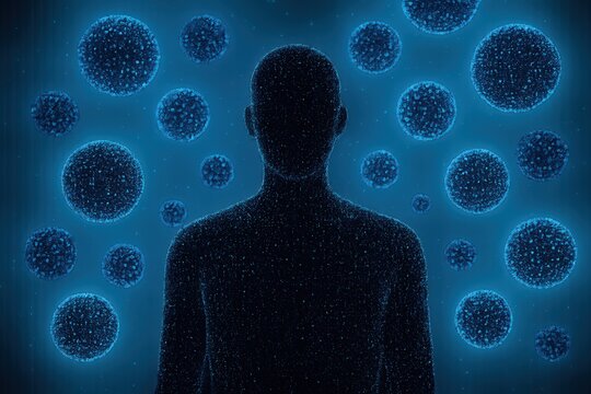 Human Silhouette Surrounded by Floating Virus Particles