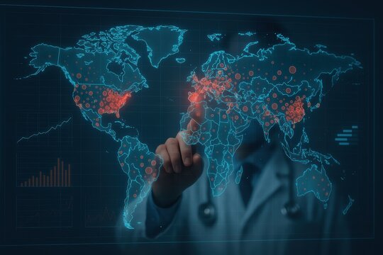 Doctor Interacting with Digital Global Health Map - Powered by Adobe