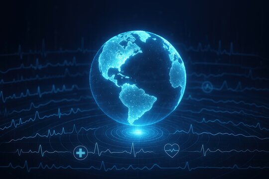 Digital Earth with Medical Pulse and Health Icons - Powered by Adobe
