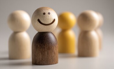 A wooden figurine with a happy face stands out from a group of similar figures in varying shades of cream, beige, and a touch of mustard yellow.
