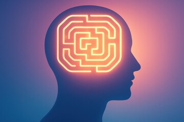 Human Head Silhouette with Glowing Labyrinth Brain