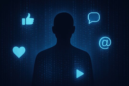 Human Silhouette with Digital Social Media Symbols