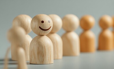 A line of wooden figurines, predominantly light beige, in a shallow depth of field, with one figure centrally focused and a subtle smile, against a neutral backdrop.