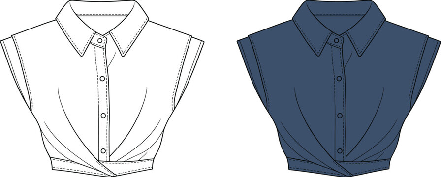 Trendy wrap front sleeveless crop shirt fashion flat, collared design, detailed technical sketch, cad drawing vector, stylish apparel illustration