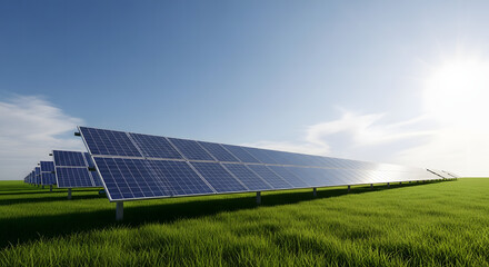 Solar Panel Array on Green Field Under Blue Sky Renewable Energy and Sustainability