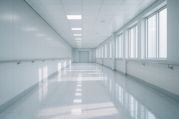 Obraz premium Empty Bright Hospital Hallway with Clean White Interior