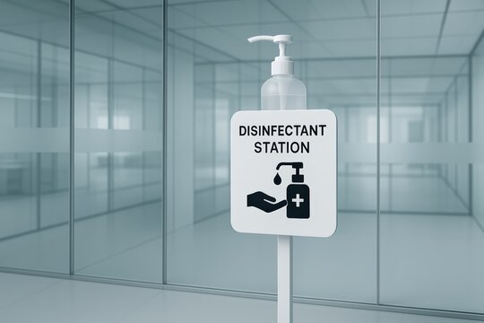 Disinfectant Station With Hand Sanitizer in Office Building - Powered by Adobe
