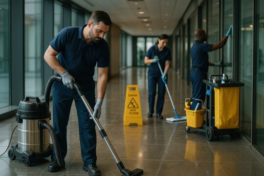 Janitorial Team Cleaning Office Hallway with Equipment