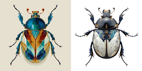 Colorful beetles in symmetrical arrangement on neutral backgrounds  
