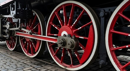 Detailed view of the red wheels of a historic steam train.