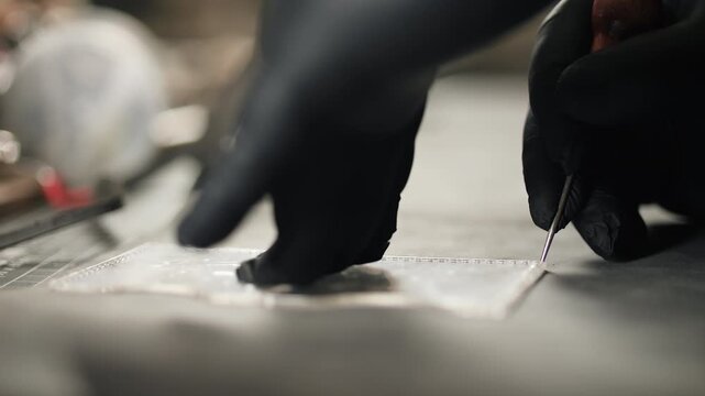 Craftsman cutting leather with knife on workbench