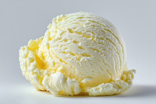 Una generosa bola de helado de vainilla, con una textura aireada y un color amarillo p&aacute;lido.
