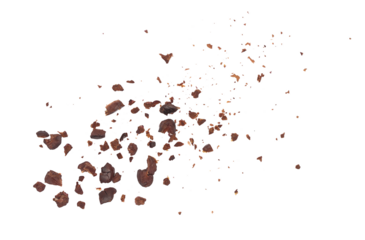 Cacao nibs flying, crushed and peeled cocoa, isolated on white background, clipping path	