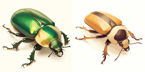 Colorful beetles in detailed illustration on white background  