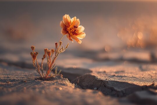 Una flor delicada emerge de una grieta en el suelo seco, simbolizando la esperanza y la perseverancia.