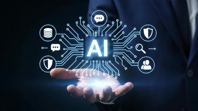 A businessman in a suit holds out his palm, with a glowing blue ai symbol hovering above it, symbolizing artificial intelligence vector illustration