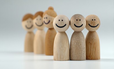 A group of smiling wooden figurines in a simple, neutral backdrop.
