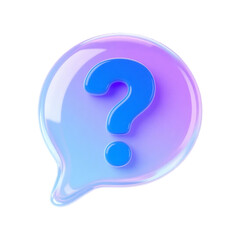 A 3D rendered blue question mark inside a translucent iridescent speech bubble with soft lighting isolated on a transparent background