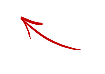 Red curved arrow hand-drawn on transparent background. Marker sketch arrow pointing up left, drawn by hand in doodle style for infographic, notes, or graphic design projects. PNG