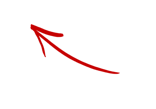 Red curved arrow hand-drawn on transparent background. Marker sketch arrow pointing up left, drawn by hand in doodle style for infographic, notes, or graphic design projects. PNG