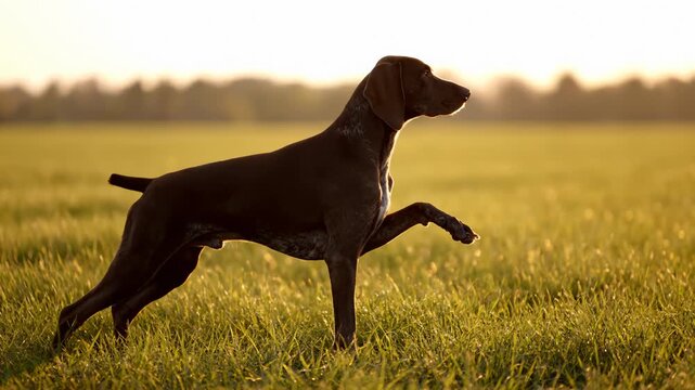 German Shorthaired Pointer Dog Standing With One Paw Raised on Field at Sunset