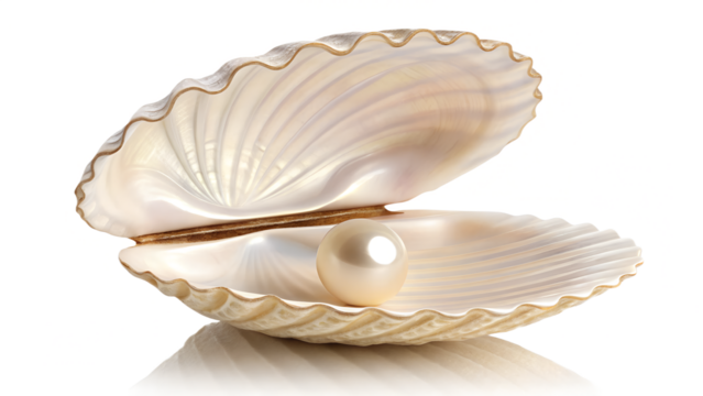 Open seashell holding a single shiny pearl inside, isolated transparent background, elegant lighting, realistic reflection and shadows.