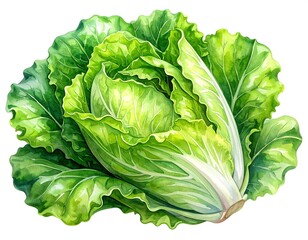Watercolor depiction of a vibrant, freshly-picked leafy green head of lettuce