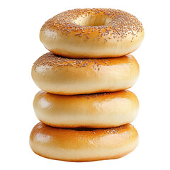 Golden Bagels Stack: A captivating composition of freshly baked bagels, each ring meticulously arranged atop another, showcasing a symphony of textures, colors and inviting taste. 