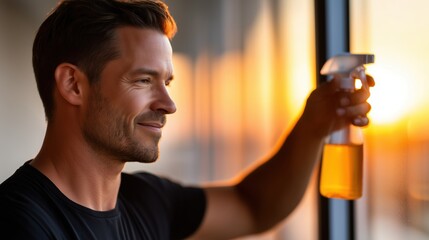 Man holding spray bottle by a window during sunset