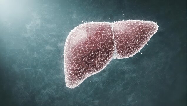 Abstract, low-poly rendering of a human liver, digitally created with a teal background - Powered by Adobe