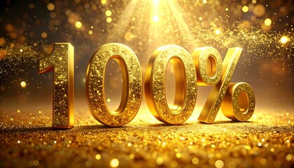 A golden percentage display, featuring "100%" shimmering with particles, emanating light in a sparkly, celebratory background